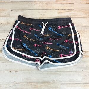 Champion All Over Logo Track Shorts Lined Black Junior Girl’s Size 14/16